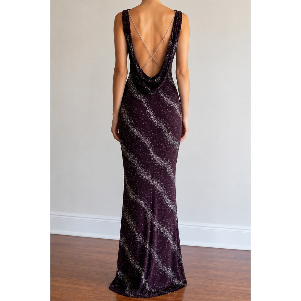VTG Scott McClintock Celestial Glitter Cowl Back Gown 6 Purple Rhinestone Prom